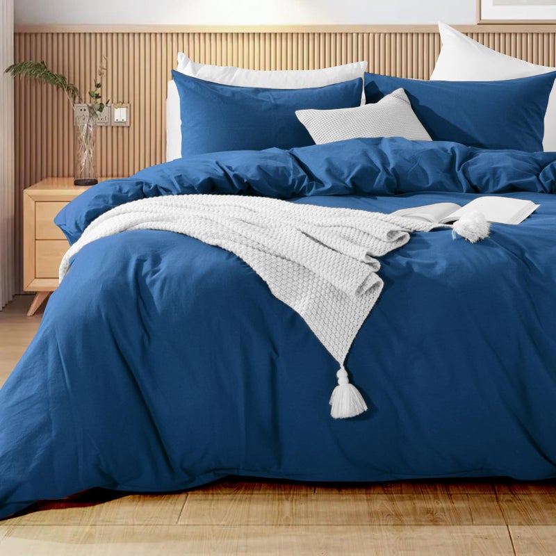 NEXHOME PRO Duvet Cover Set 100% Washed Cotton Oversized King 120""x98"" Linen Feel Textured Organic 3 Pieces Bedding Set with Zipper Closure and Corner Ties  Breathable (Navy Blue  No Comforter) - Image 1
